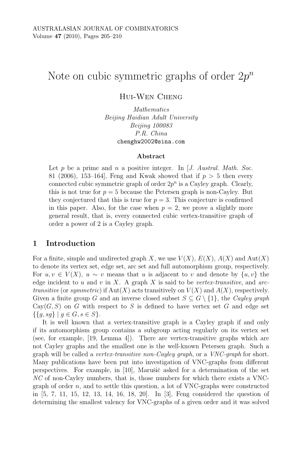 Note on Cubic Symmetric Graphs of Order 2Pn