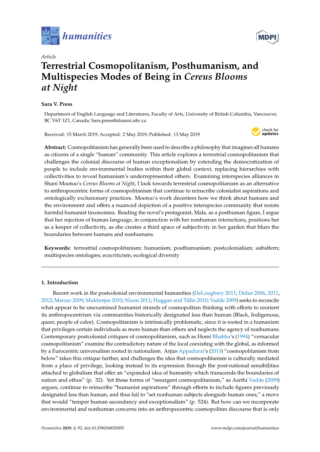 Terrestrial Cosmopolitanism, Posthumanism, and Multispecies Modes of Being in Cereus Blooms at Night