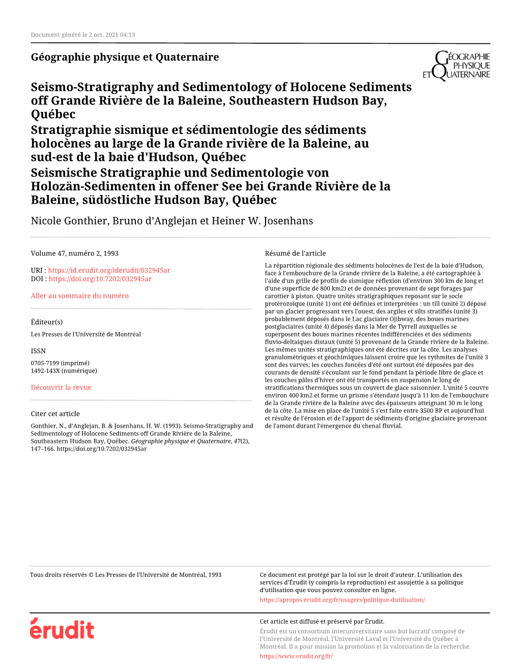 Seismo-Stratigraphy and Sedimentology of Holocene Sediments Off Grande Rivière De La Baleine, Southeastern Hudson Bay, Québec