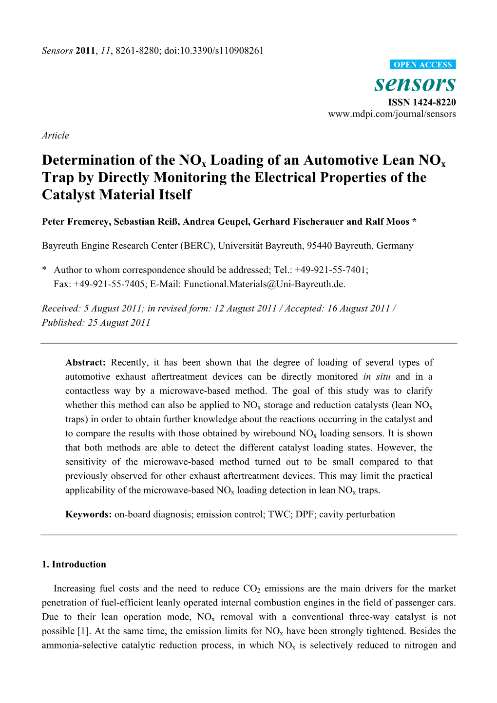 Determination of the Nox Loading of an Automotive Lean Nox Trap by Directly Monitoring the Electrical Properties of the Catalyst Material Itself