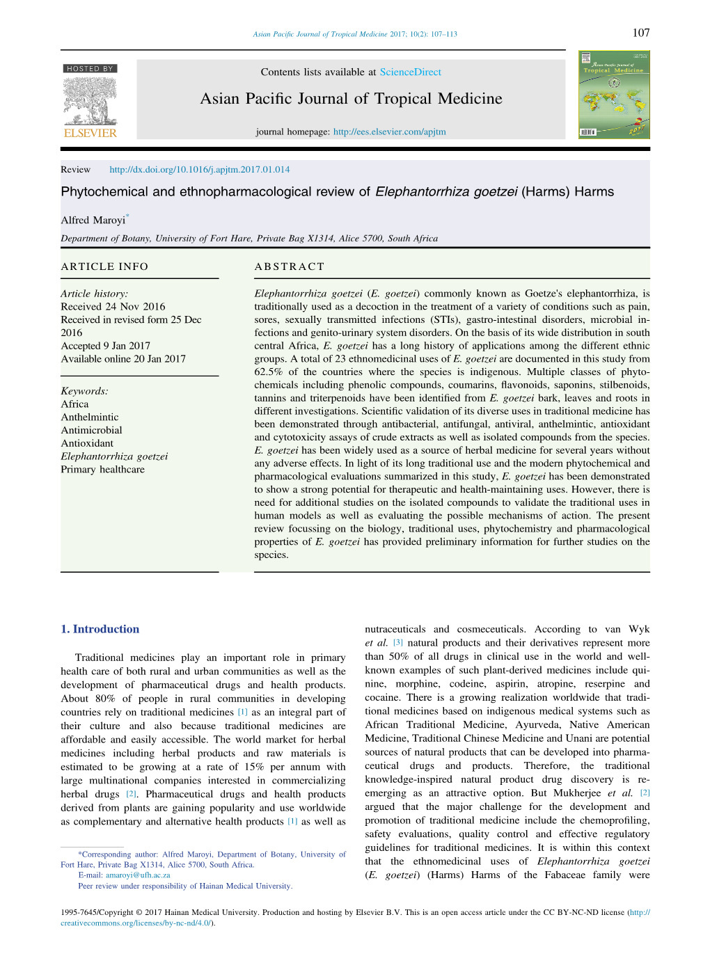 Phytochemical and Ethnopharmacological Review of Elephantorrhiza Goetzei (Harms) Harms