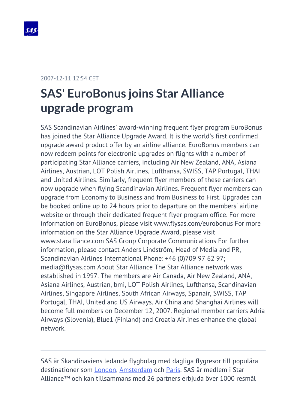 SAS' Eurobonus Joins Star Alliance Upgrade Program