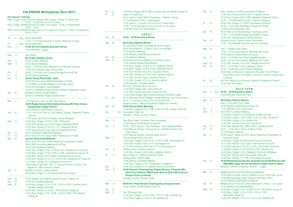 CALENDAR Michaelmas Term 2017