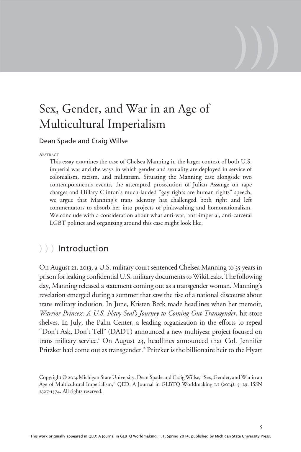 Sex, Gender, and War in an Age of Multicultural Imperialism