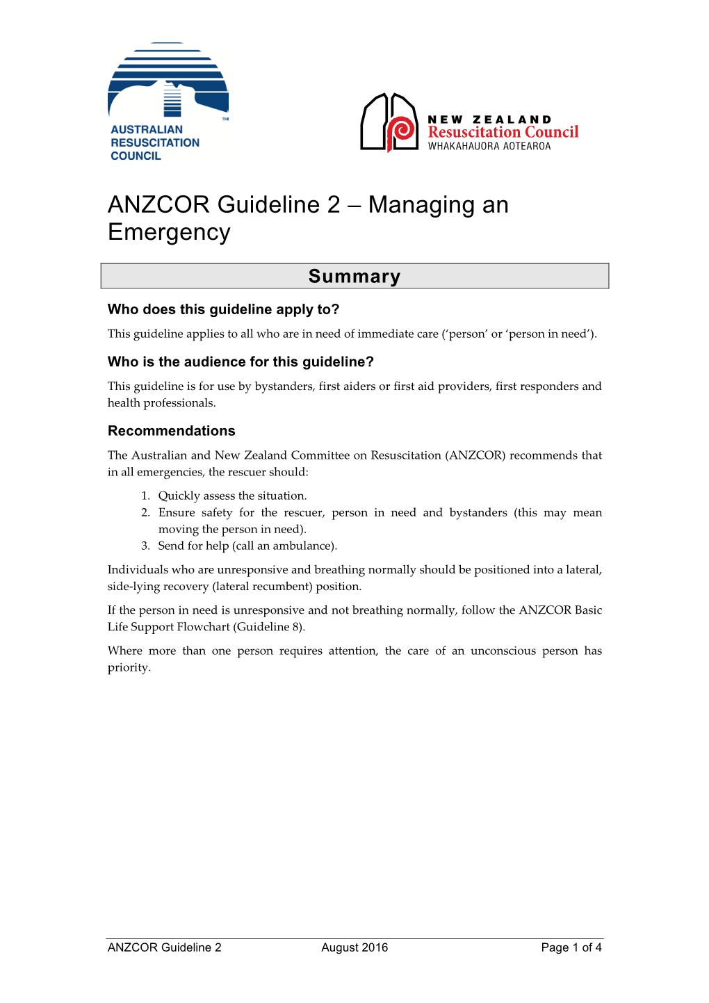 ANZCOR Guideline 2 – Managing an Emergency