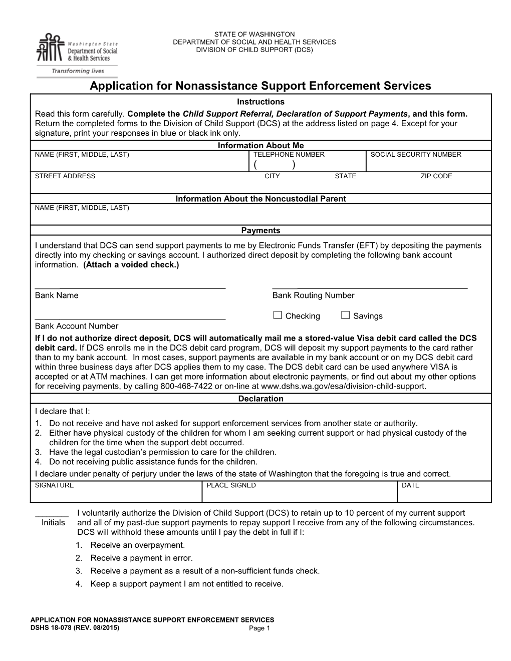 Application For Nonassistance Support Enforcement Services