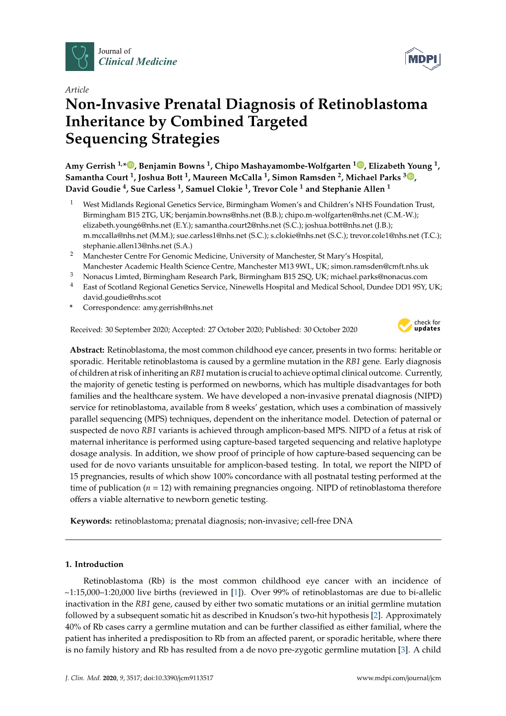 Non-Invasive Prenatal Diagnosis of Retinoblastoma Inheritance by Combined Targeted Sequencing Strategies