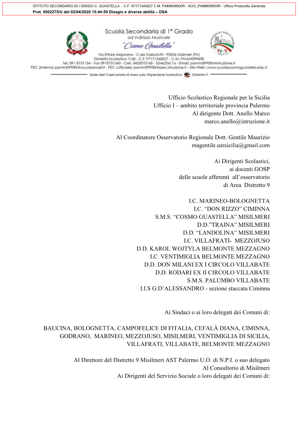 Ufficio Scolastico Regionale Per La Sicilia Ufficio I – Ambito Territoriale Provincia Palermo Al Dirigente Dott