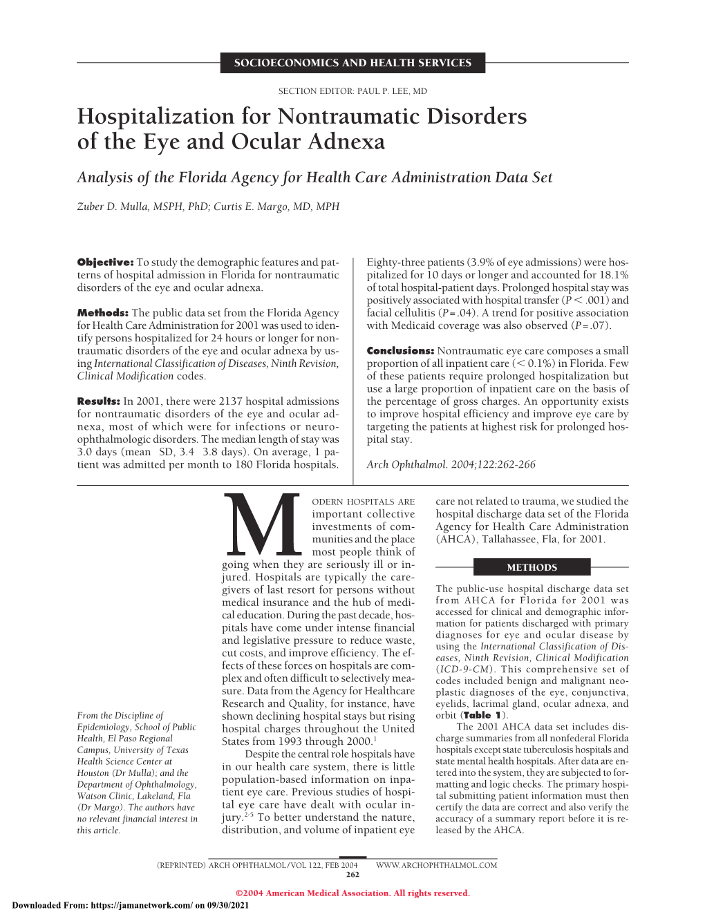 Hospitalization for Nontraumatic Disorders of the Eye and Ocular Adnexa Analysis of the Florida Agency for Health Care Administration Data Set