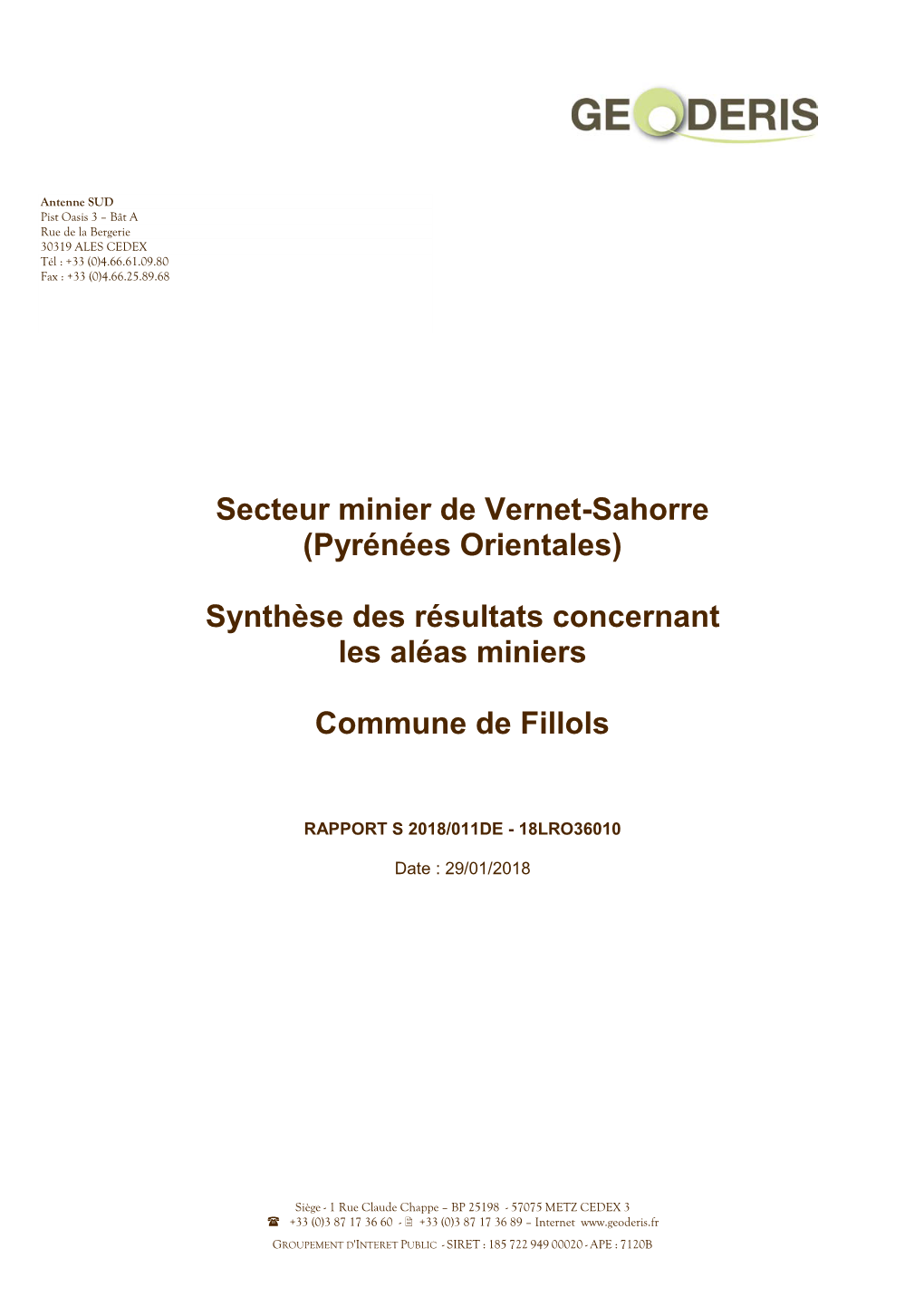 Synthèse Des Résultats Concernant Les Aléas Miniers Commune De Fillols