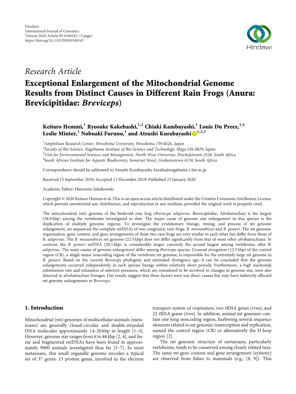 Research Article Exceptional Enlargement of the Mitochondrial Genome Results from Distinct Causes in Different Rain Frogs (Anura: Brevicipitidae: Breviceps)