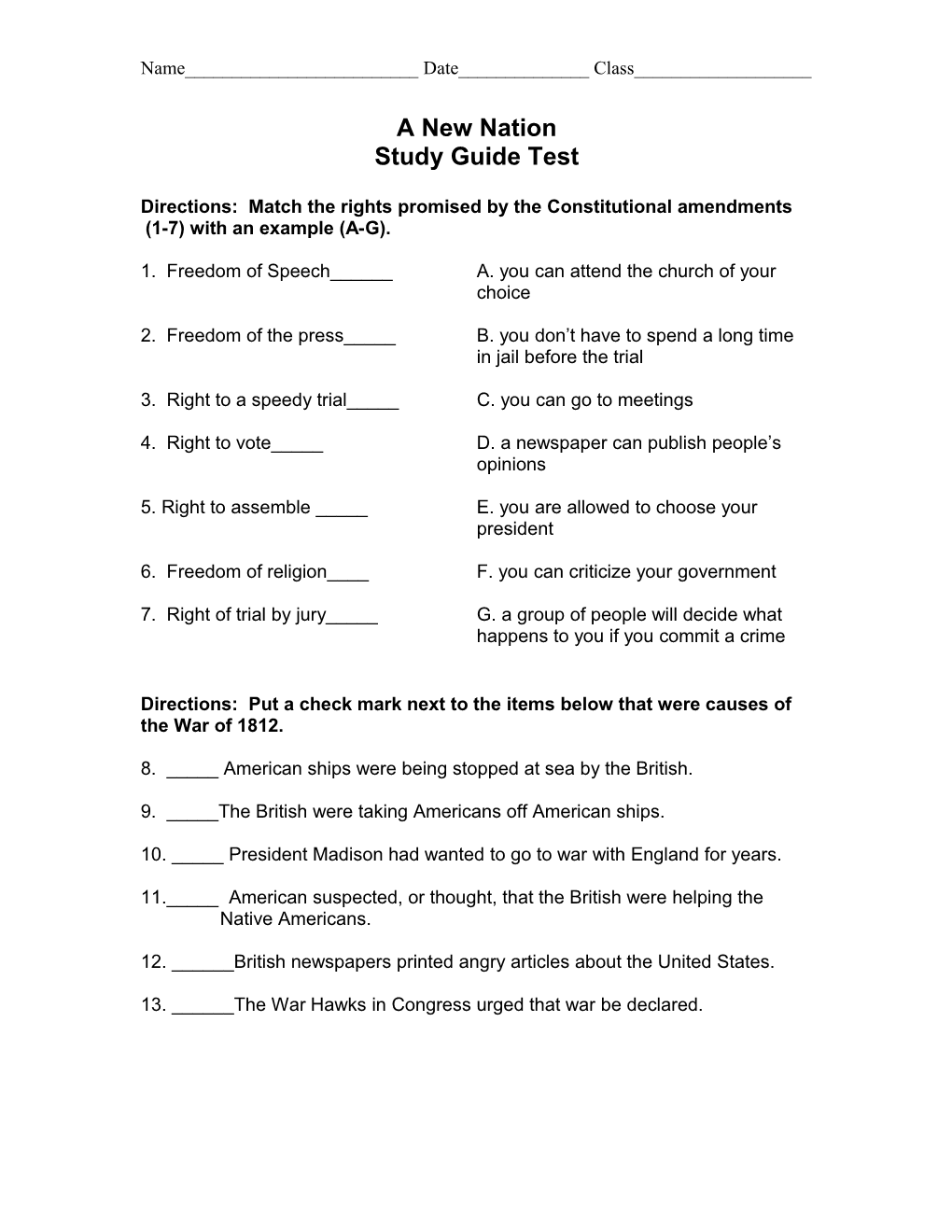 Directions: Match the Rights Promised by the Constitutional Amendments