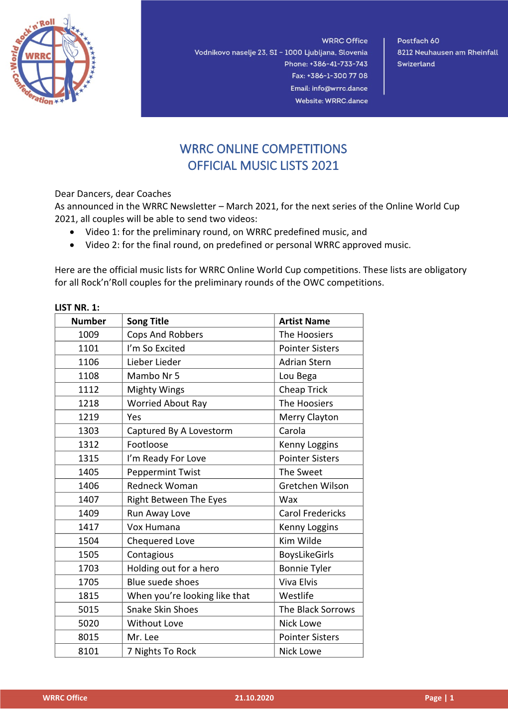 Wrrc Online Competitions Official Music Lists 2021