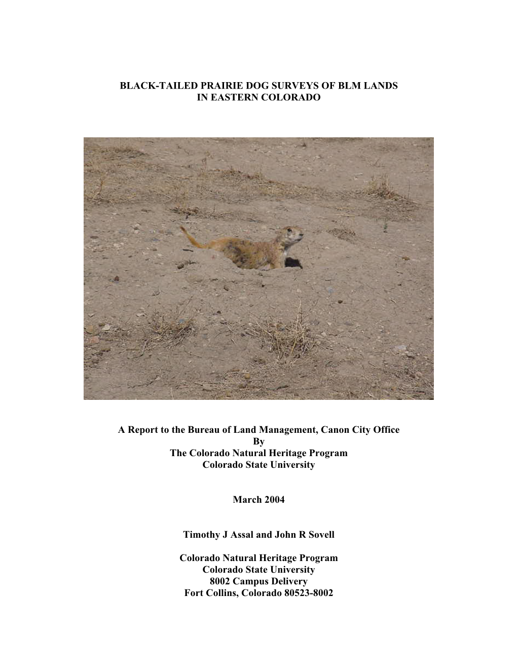Black-Tailed Prairie Dog Surveys of Blm Lands in Eastern Colorado