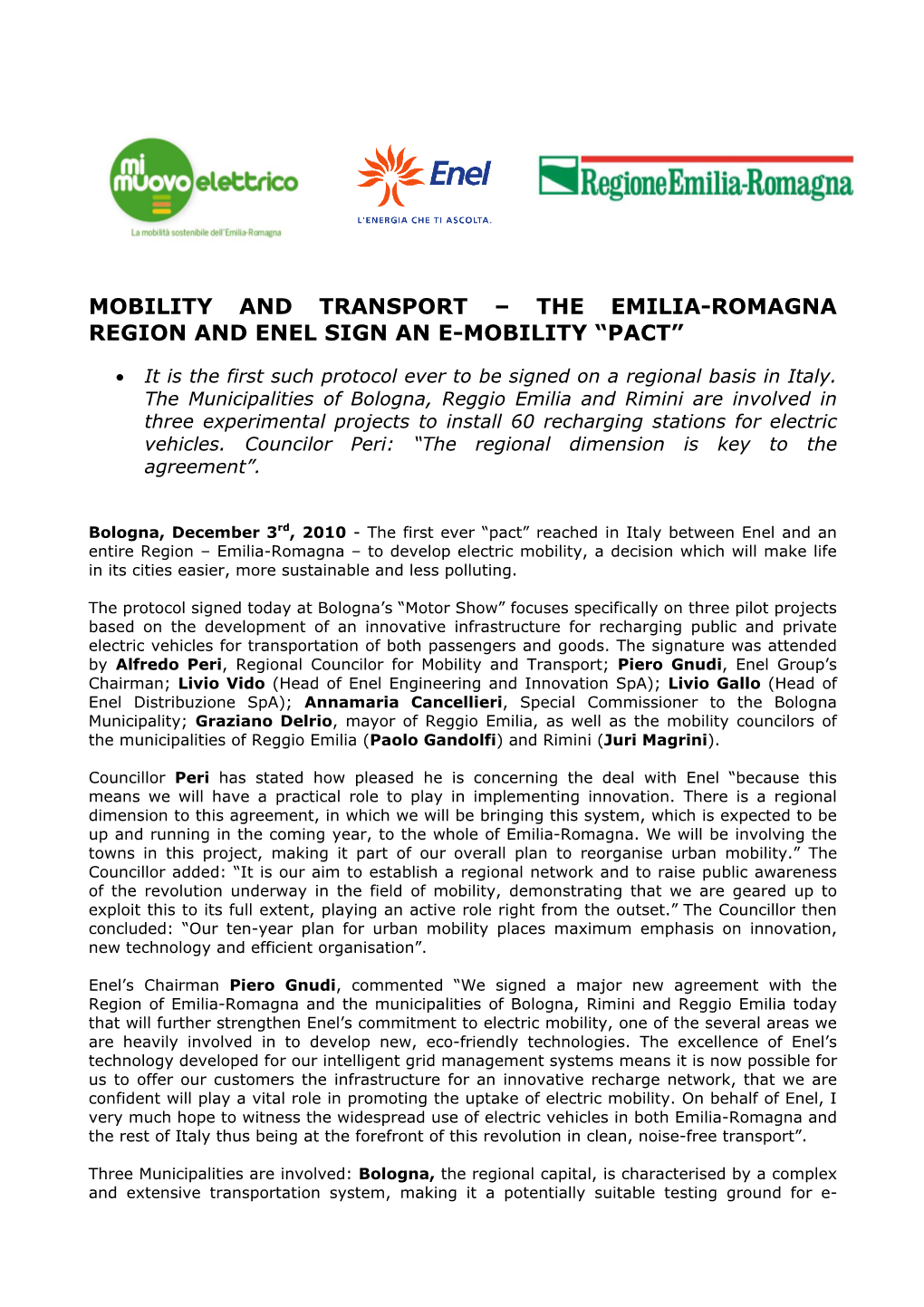 Mobility and Transport – the Emilia-Romagna Region and Enel Sign an E-Mobility “Pact”