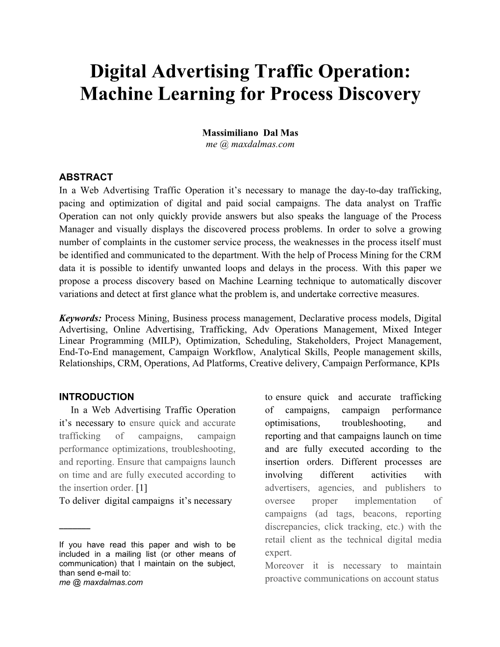 Digital Advertising Traffic Operation Machine Learning for Process