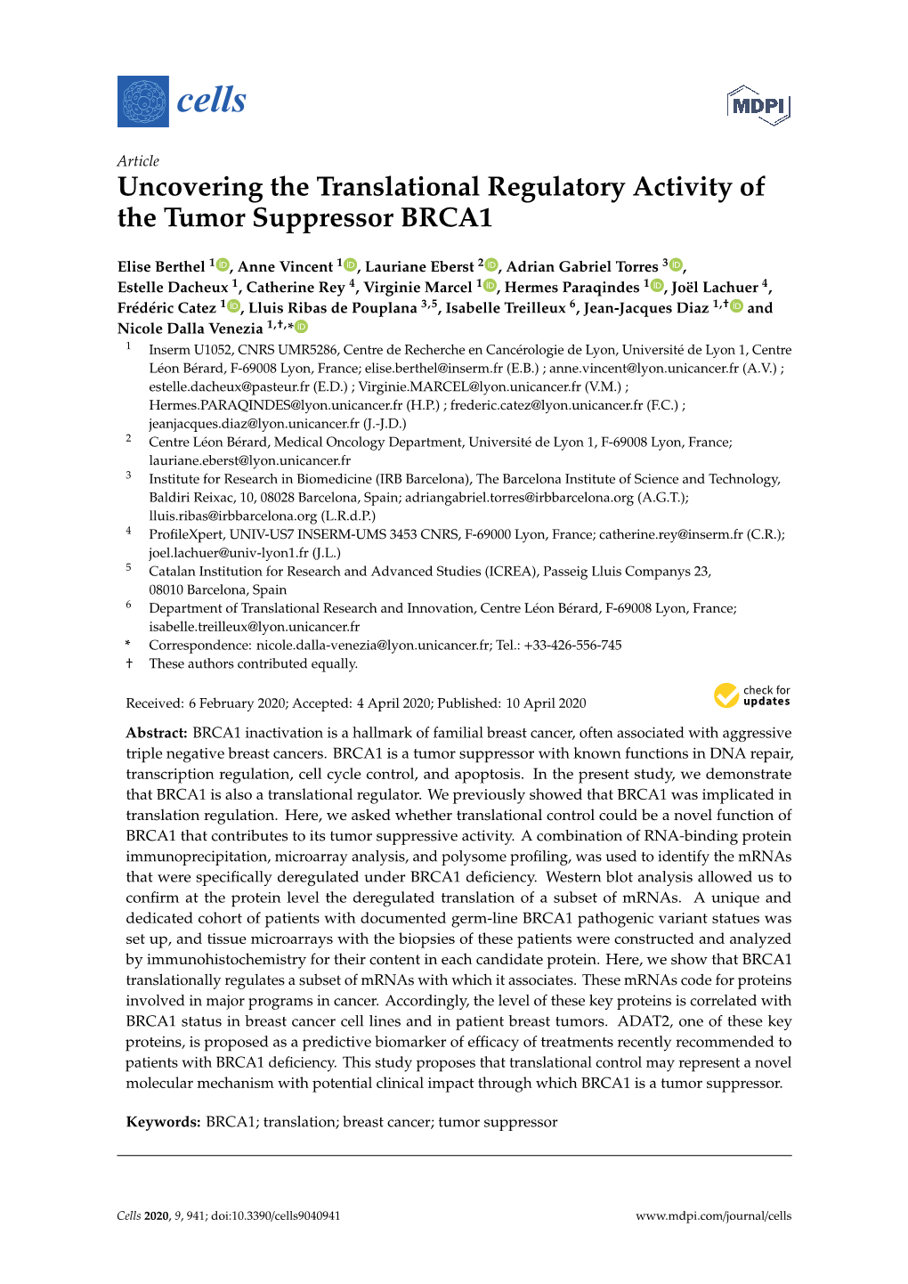 Uncovering the Translational Regulatory Activity of the Tumor Suppressor BRCA1