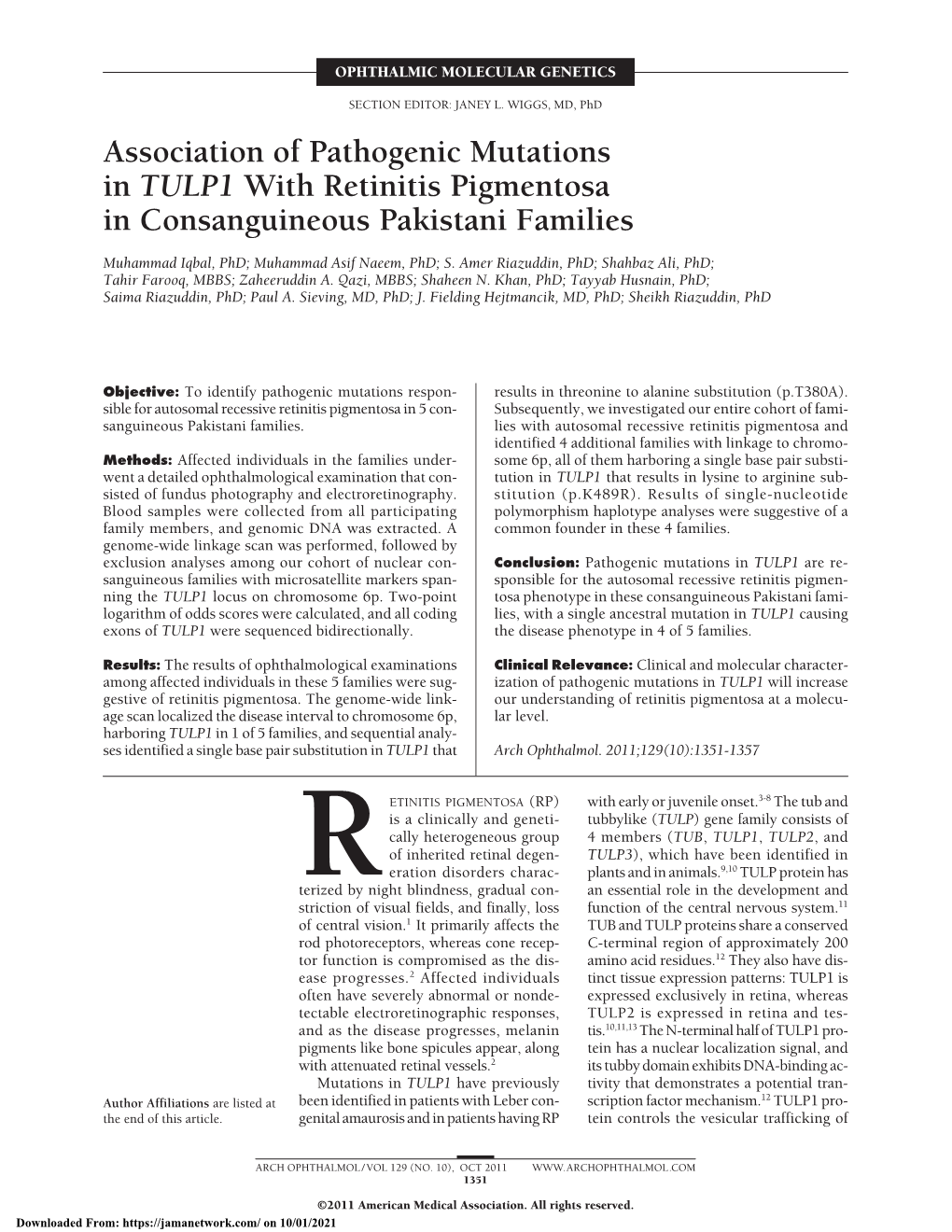 Association of Pathogenic Mutations in TULP1 with Retinitis Pigmentosa in Consanguineous Pakistani Families