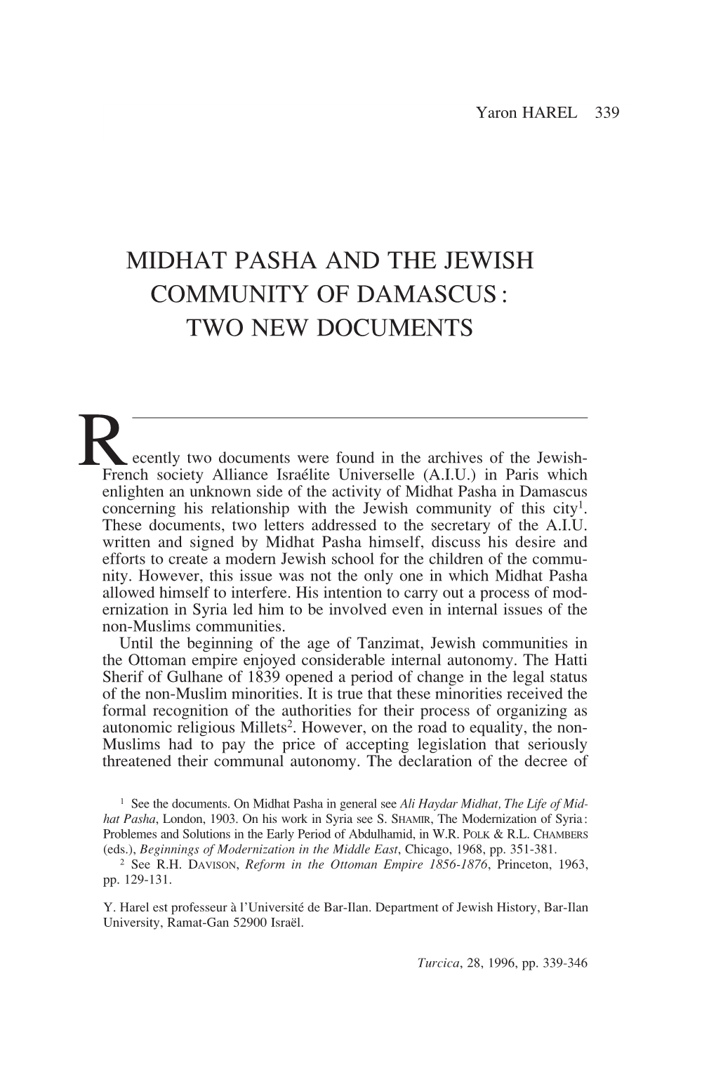 Midhat Pasha and the Jewish Community of Damascus: Two New Documents