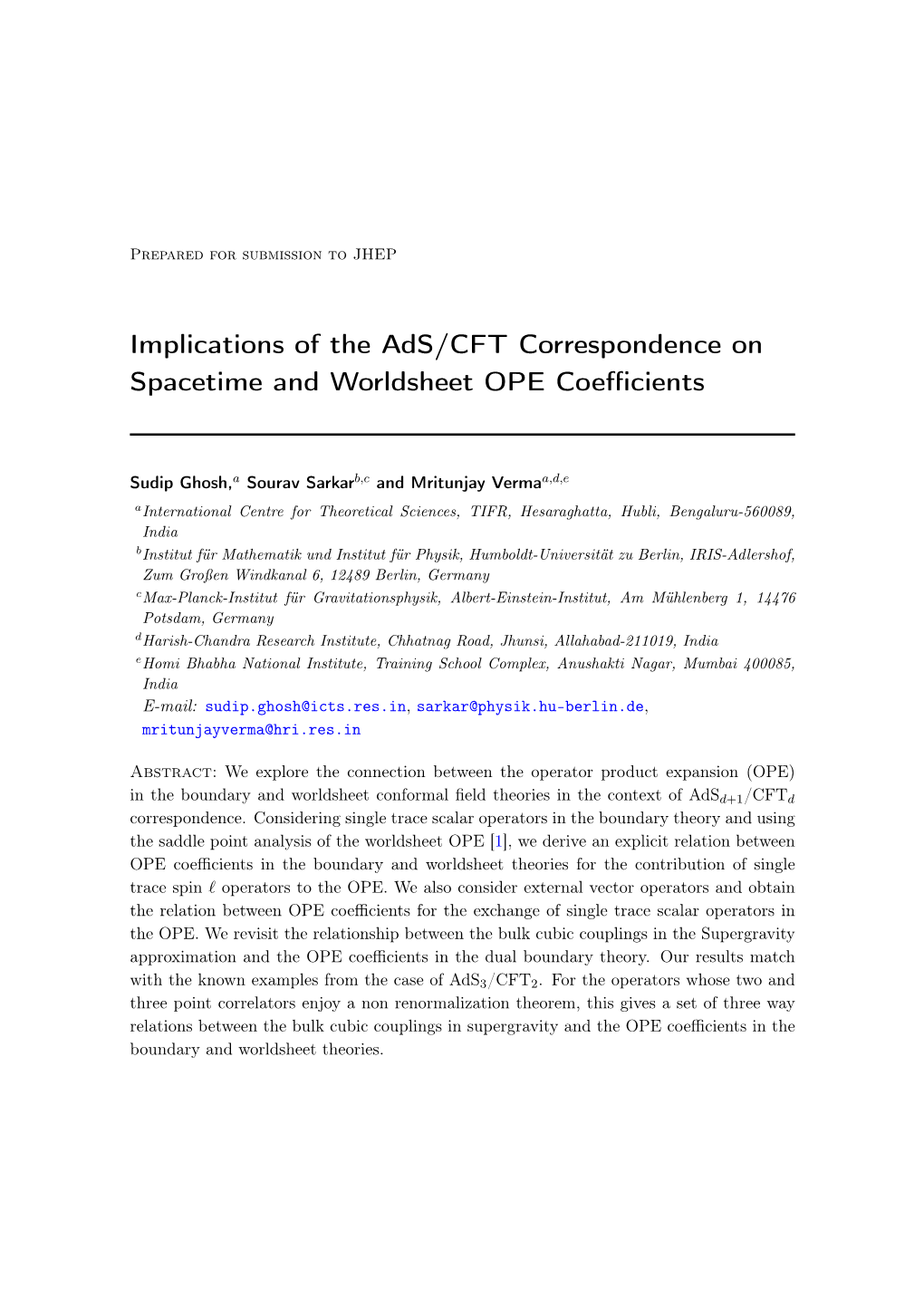 Implications of the Ads/CFT Correspondence on Spacetime and Worldsheet OPE Coeﬃcients