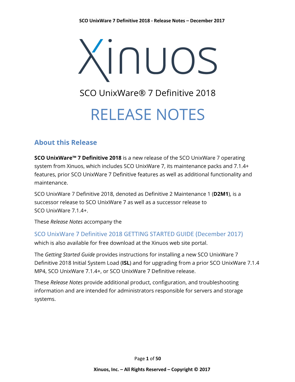 SCO Unixware 7 Definitive 2018 - Release Notes – December 2017