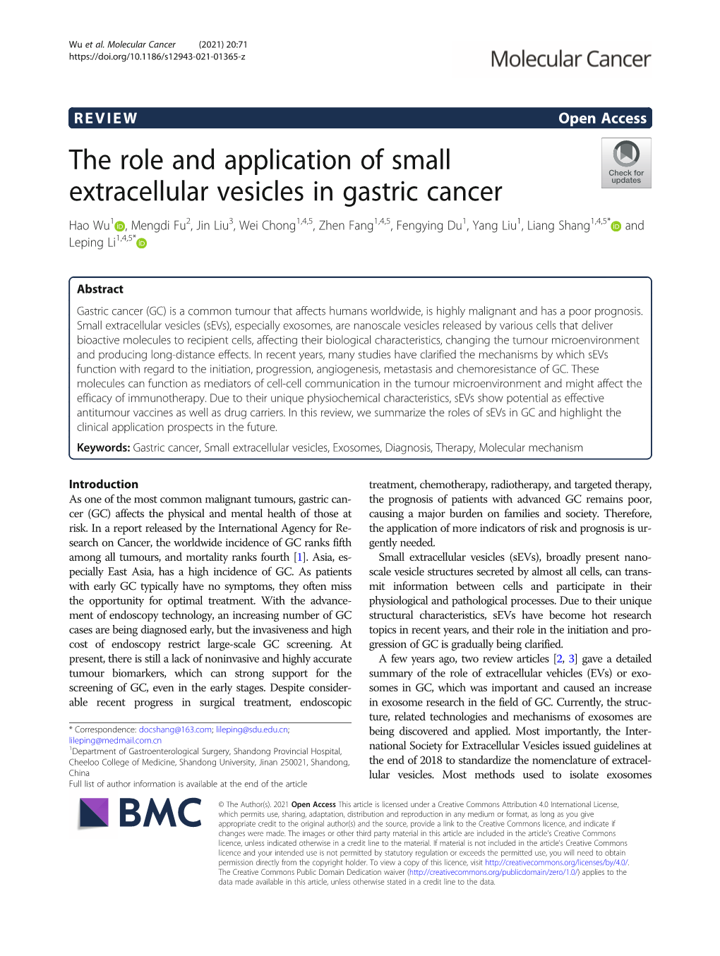 The Role and Application of Small Extracellular Vesicles in Gastric Cancer