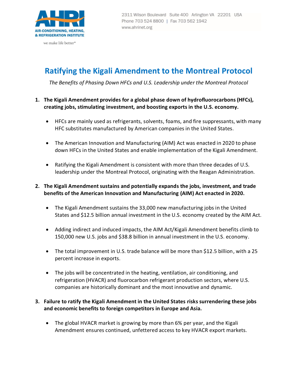 Ratifying the Kigali Amendment to the Montreal Protocol the Benefits of Phasing Down Hfcs and U.S