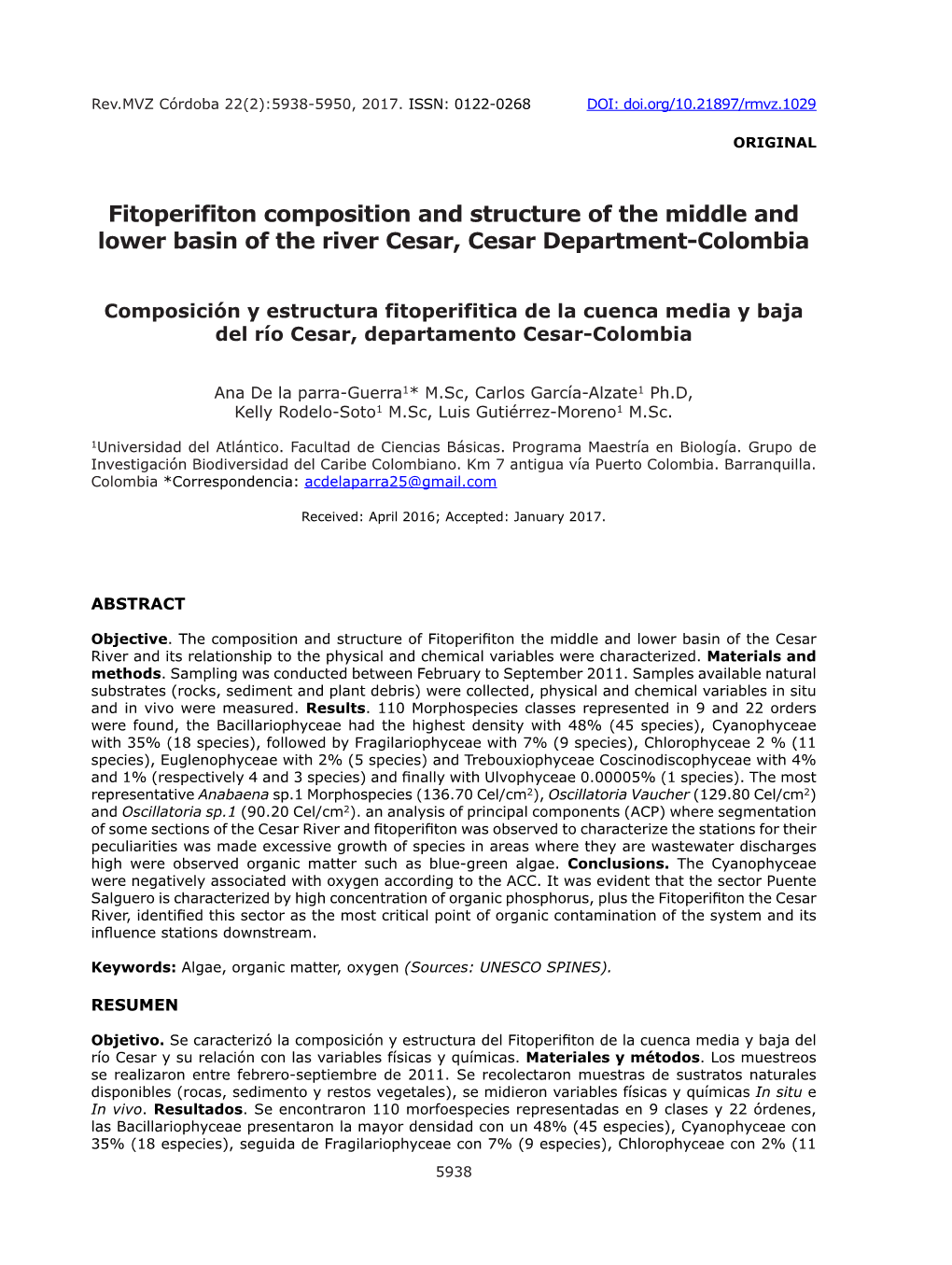 Fitoperifiton Composition and Structure of the Middle and Lower Basin of the River Cesar, Cesar Department-Colombia