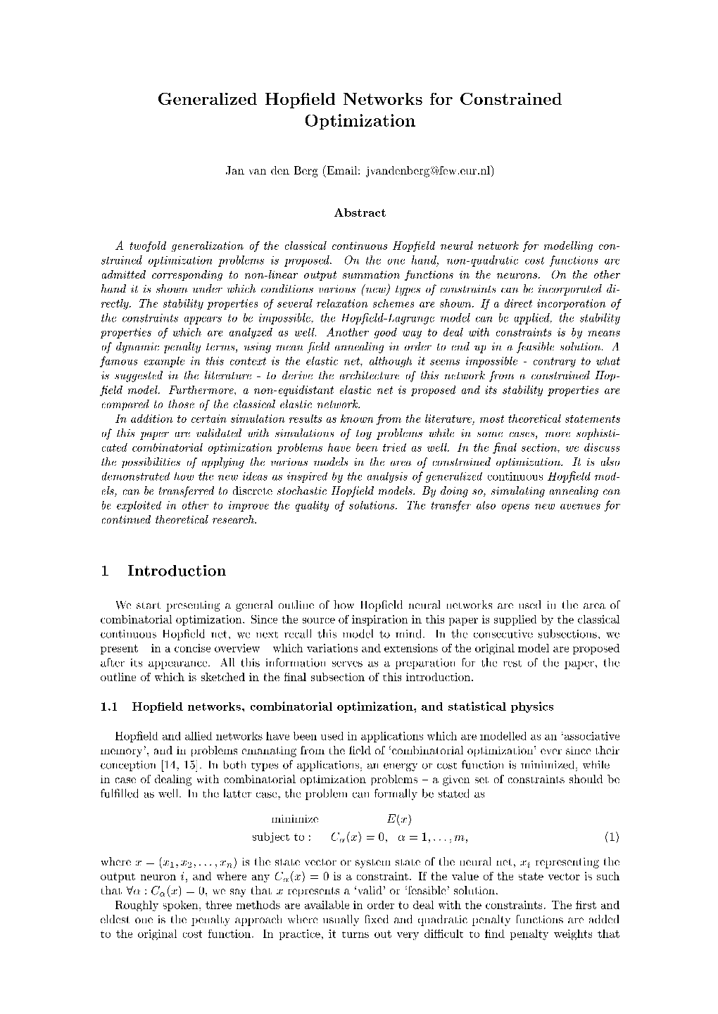 Generalized Hopfield Networks for Constrained Optimization