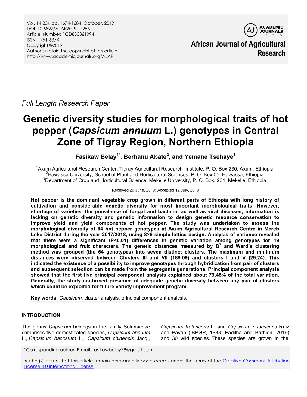 Genetic Diversity Studies for Morphological Traits of Hot Pepper (Capsicum Annuum L.) Genotypes in Central Zone of Tigray Region, Northern Ethiopia