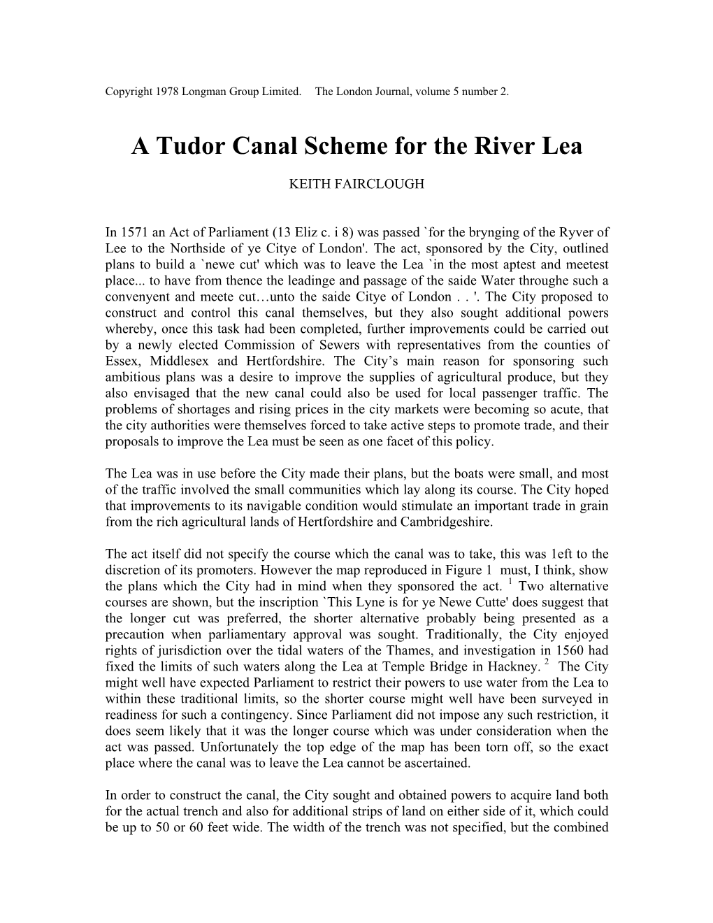 A Tudor Canal Scheme for the River Lea