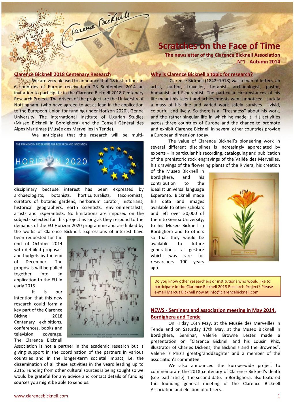 Scratches on the Face of Time the Newsletter of the Clarence Bicknell Association N°1 - Autumn 2014