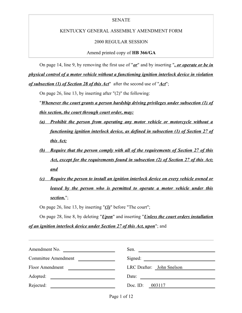 Kentucky General Assembly Amendment Form s10