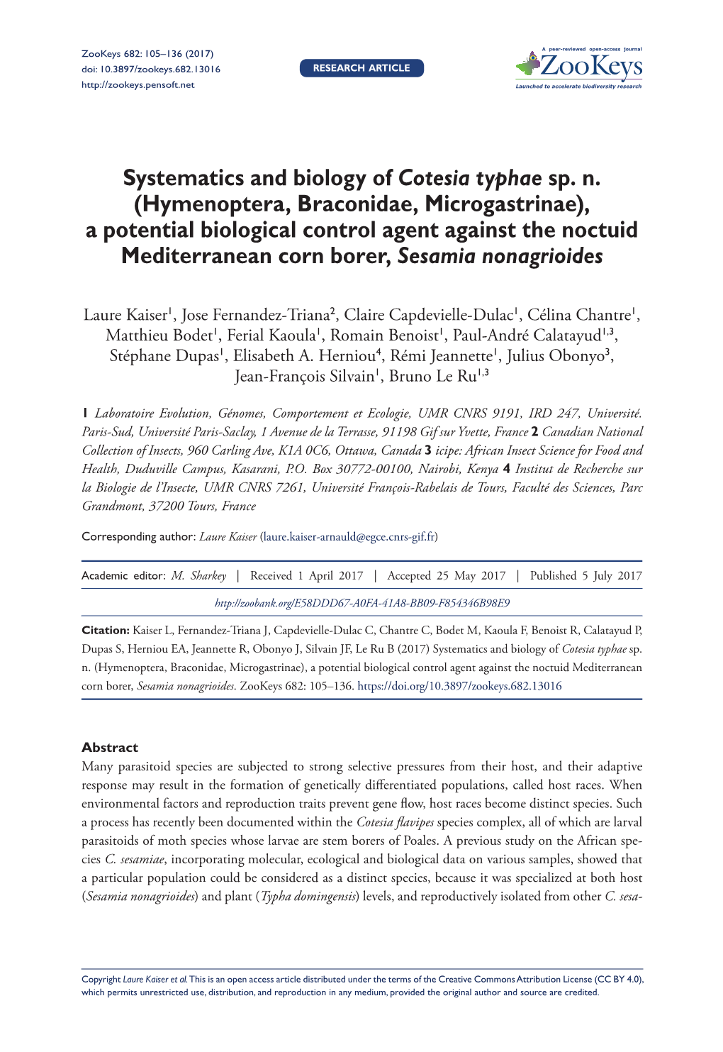 Systematics and Biology of Cotesia Typhae Sp. N