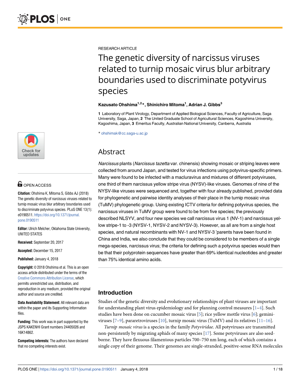 The Genetic Diversity of Narcissus Viruses Related to Turnip Mosaic Virus Blur Arbitrary Boundaries Used to Discriminate Potyvirus Species