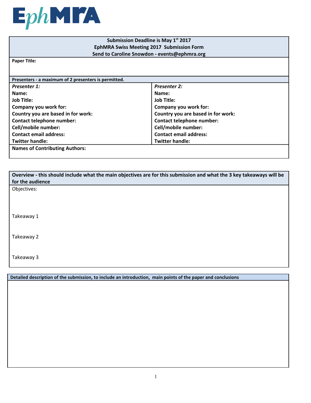 Submission Deadline Is May 1St 2017 Ephmra Swiss Meeting 2017 Submission Form Send To