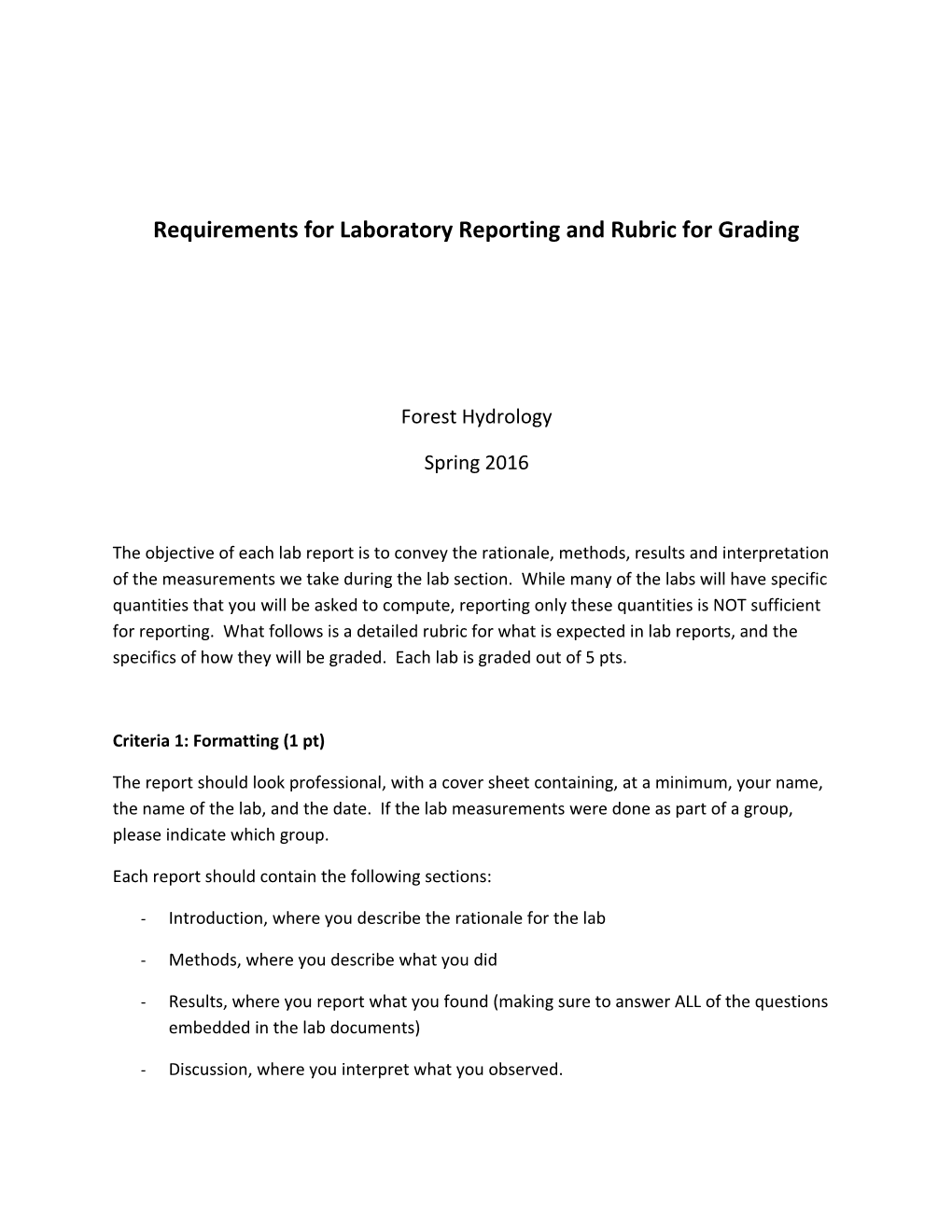 Requirements for Laboratory Reporting and Rubric for Grading