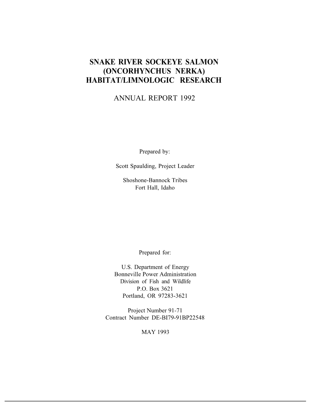 Snake River Sockeye Salmon (Oncorhynchus Nerka) Habitat/Limnologic Research