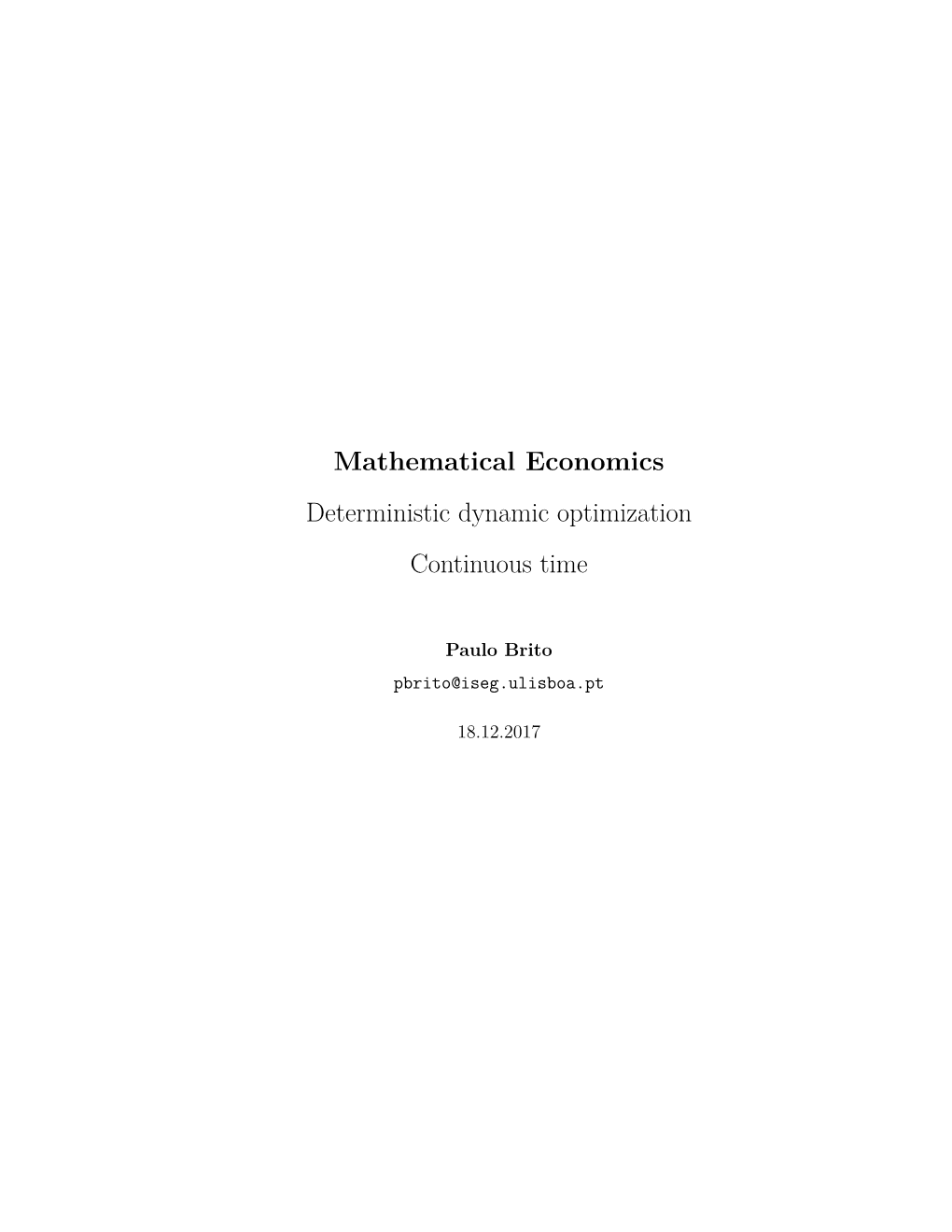 Mathematical Economics Deterministic Dynamic Optimization Continuous Time