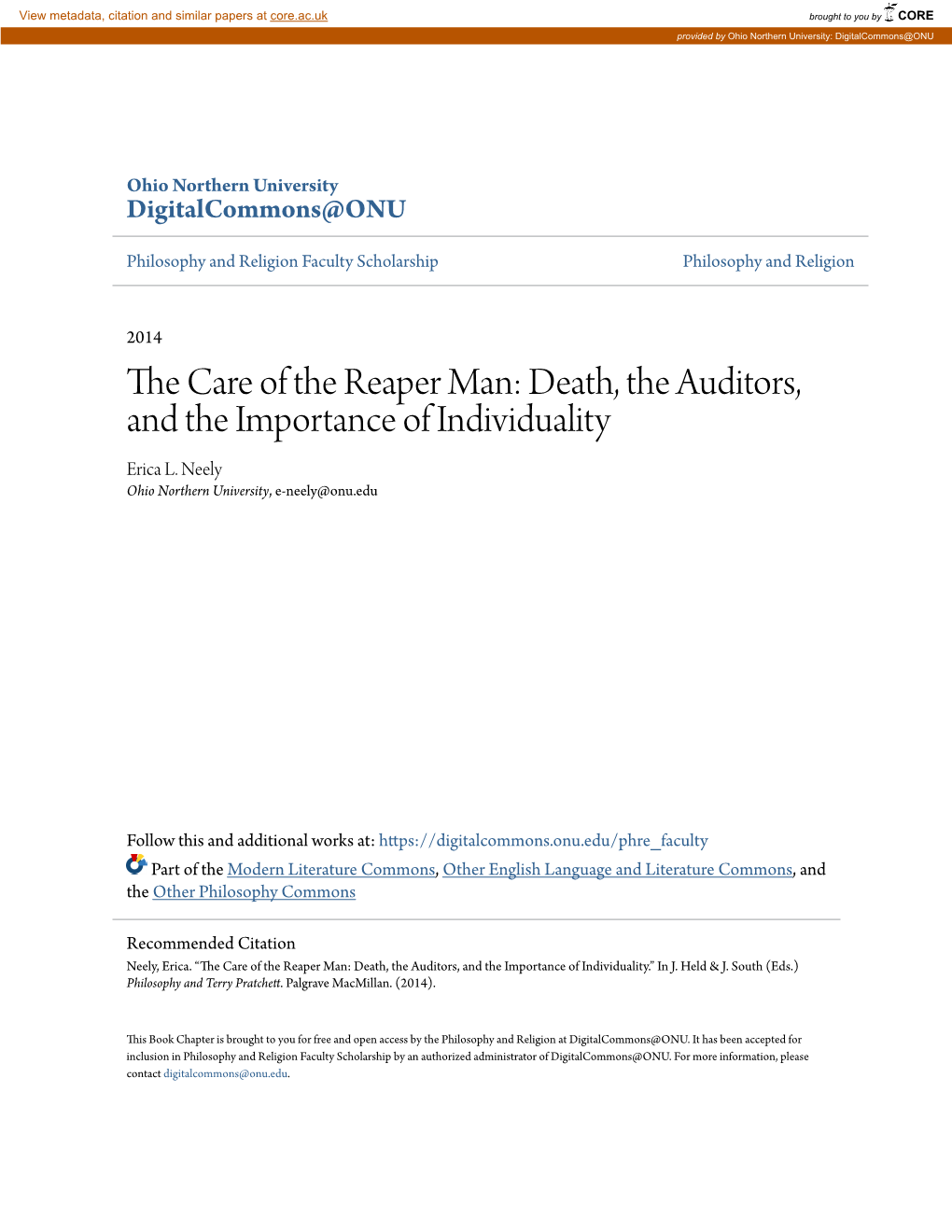 The Care of the Reaper Man: Death, the Auditors, and the Importance of Individuality Erica L