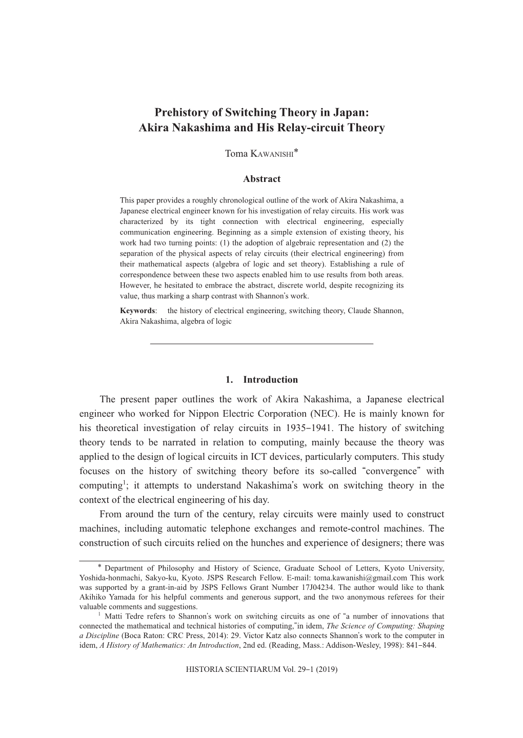 Akira Nakashima and His Relay-Circuit Theory