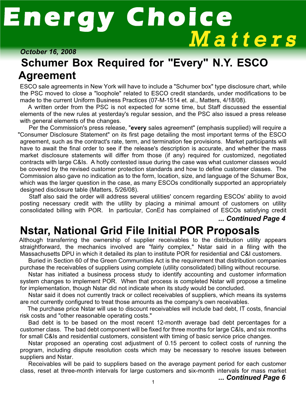 Schumer Box Required for "Every" N.Y. ESCO Agreement Nstar