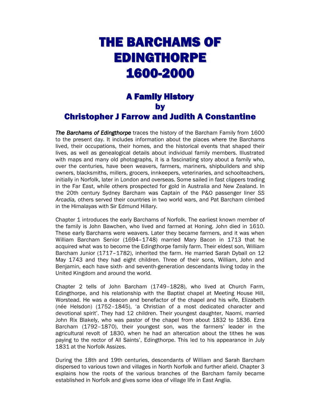 The Barchams of Edingthorpe 1600-2000