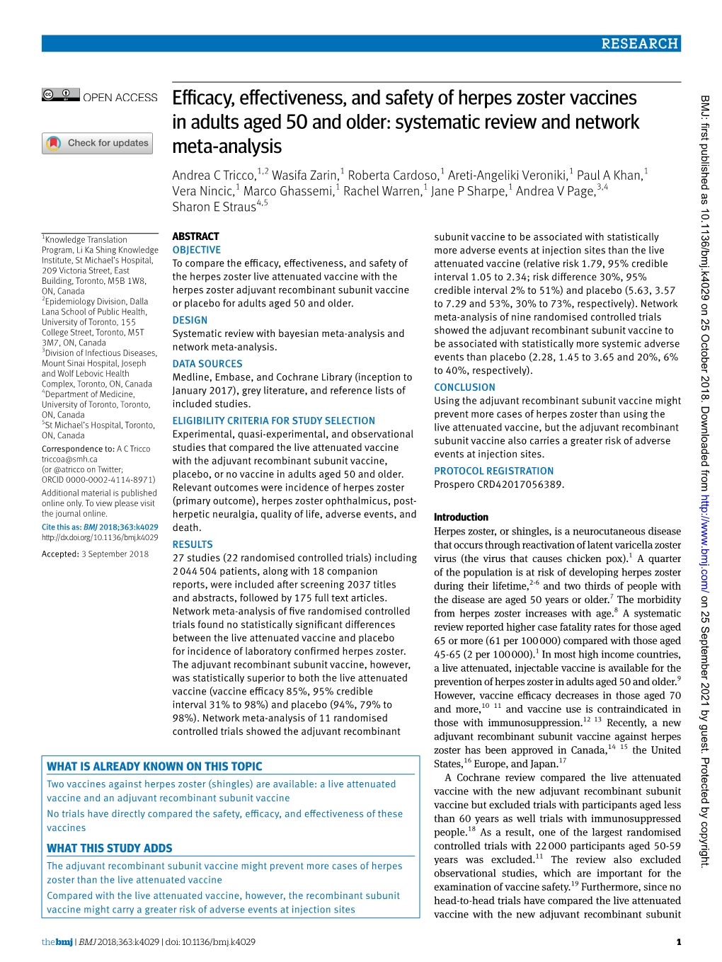 Efficacy, Effectiveness, and Safety of Herpes Zoster Vaccines BMJ: First Published As 10.1136/Bmj.K4029 on 25 October 2018