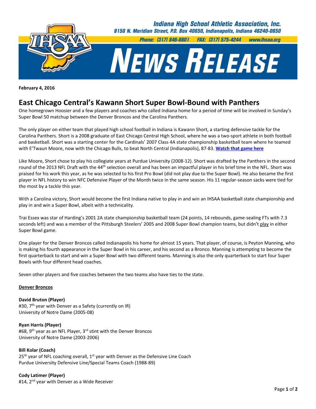 East Chicago Central's Kawann Short Super Bowl-Bound with Panthers