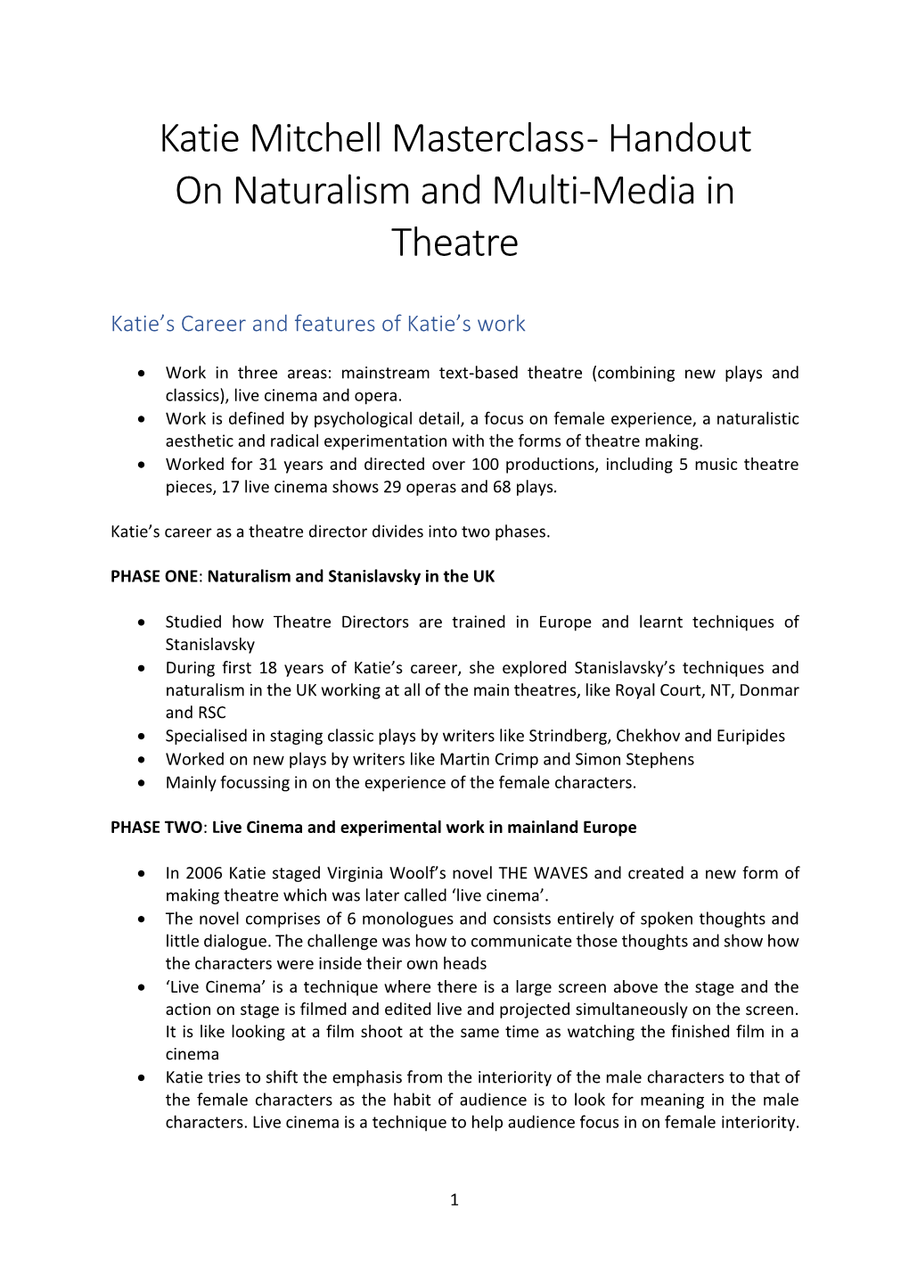 Katie Mitchell Masterclass - Handout on Naturalism and Multi-Media in Theatre