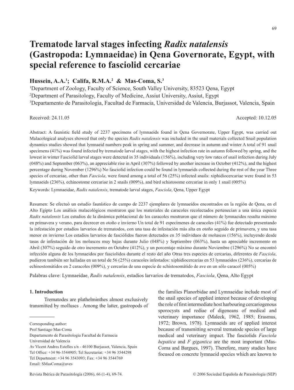 Trematode Larval Stages Infecting Radix Natalensis (Gastropoda: Lymnaeidae) in Qena Governorate, Egypt, with Special Reference to Fasciolid Cercariae