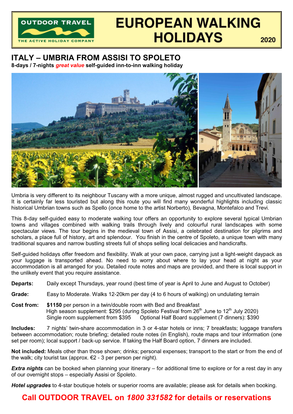 ITALY – UMBRIA from ASSISI to SPOLETO 8-Days / 7-Nights Great Value Self-Guided Inn-To-Inn Walking Holiday