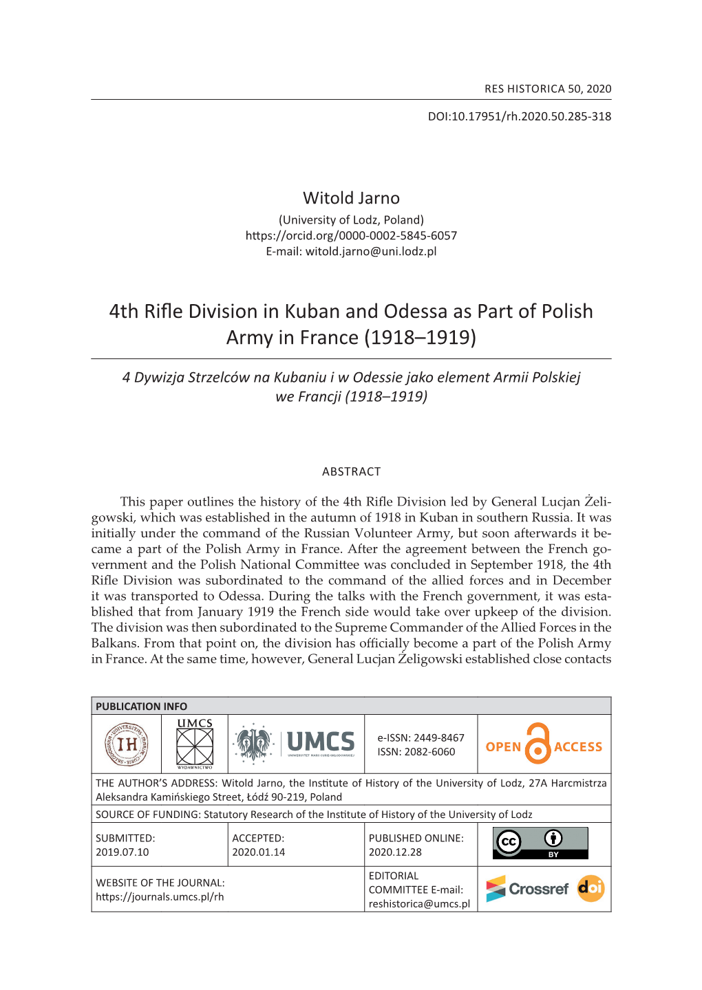 4Th Rifle Division in Kuban and Odessa As Part of Polish Army in France (1918–1919)