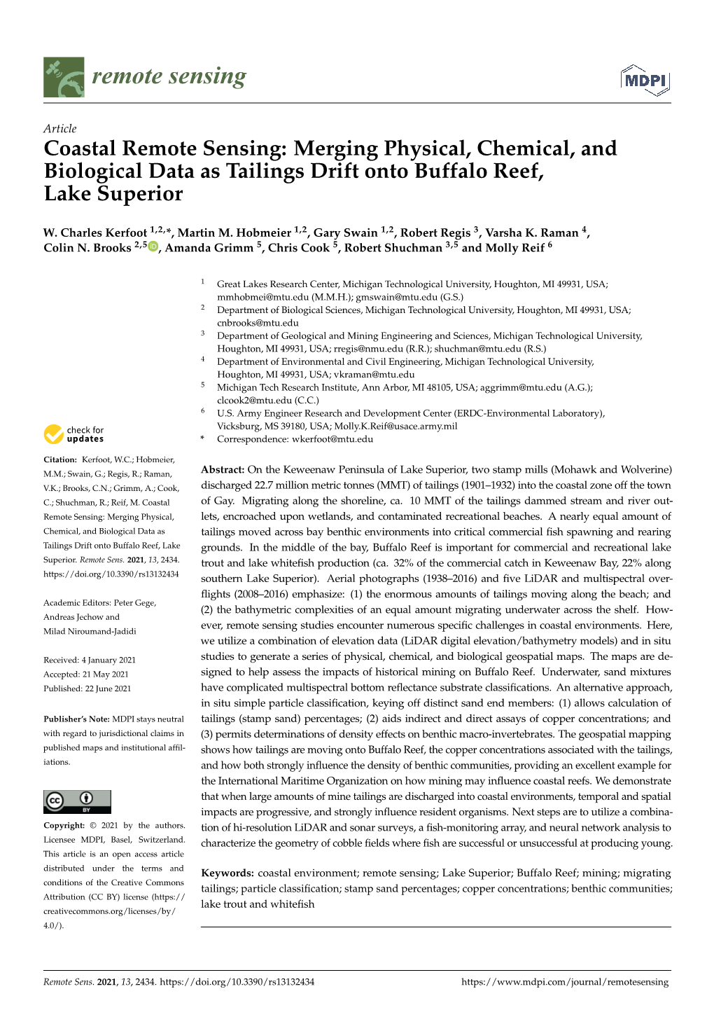 Coastal Remote Sensing: Merging Physical, Chemical, and Biological Data As Tailings Drift Onto Buffalo Reef, Lake Superior